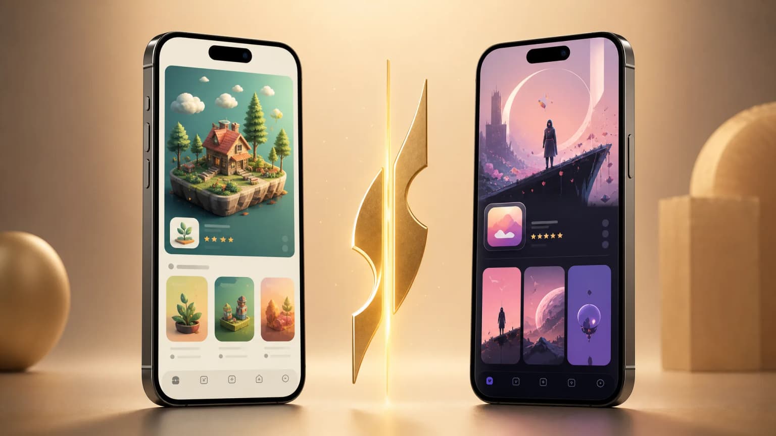 Editorial 3D render of two iPhones facing each other on cream-amber gradient, abstract gold VS separator between them.