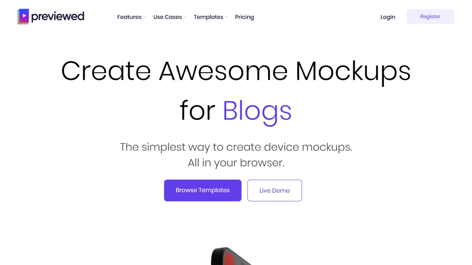 Previewed.app homepage with the headline Create Awesome Mockups for Blogs and a Browse Templates CTA.