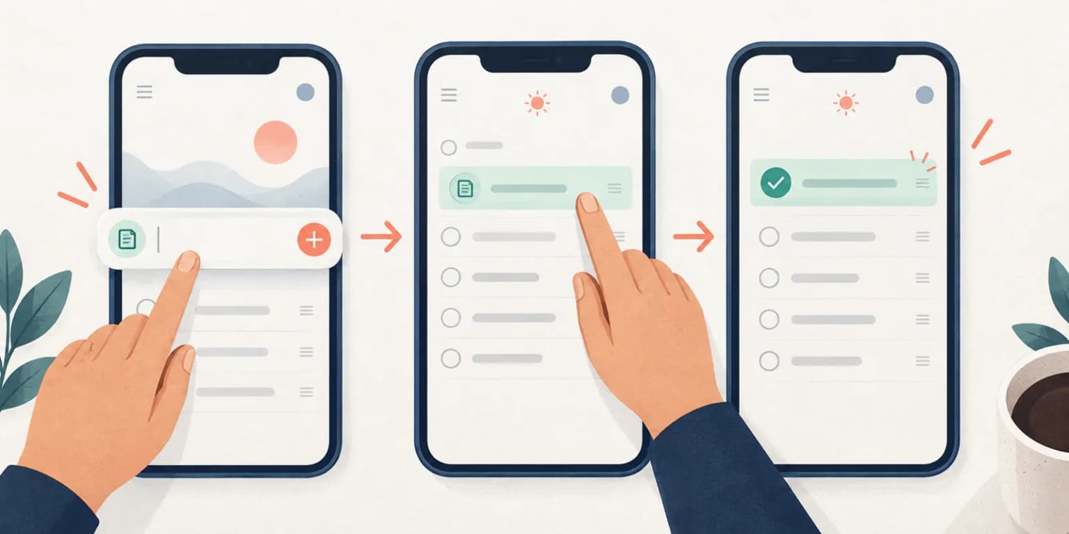 Fictional task-app sequence from quick capture through prioritization to completion.