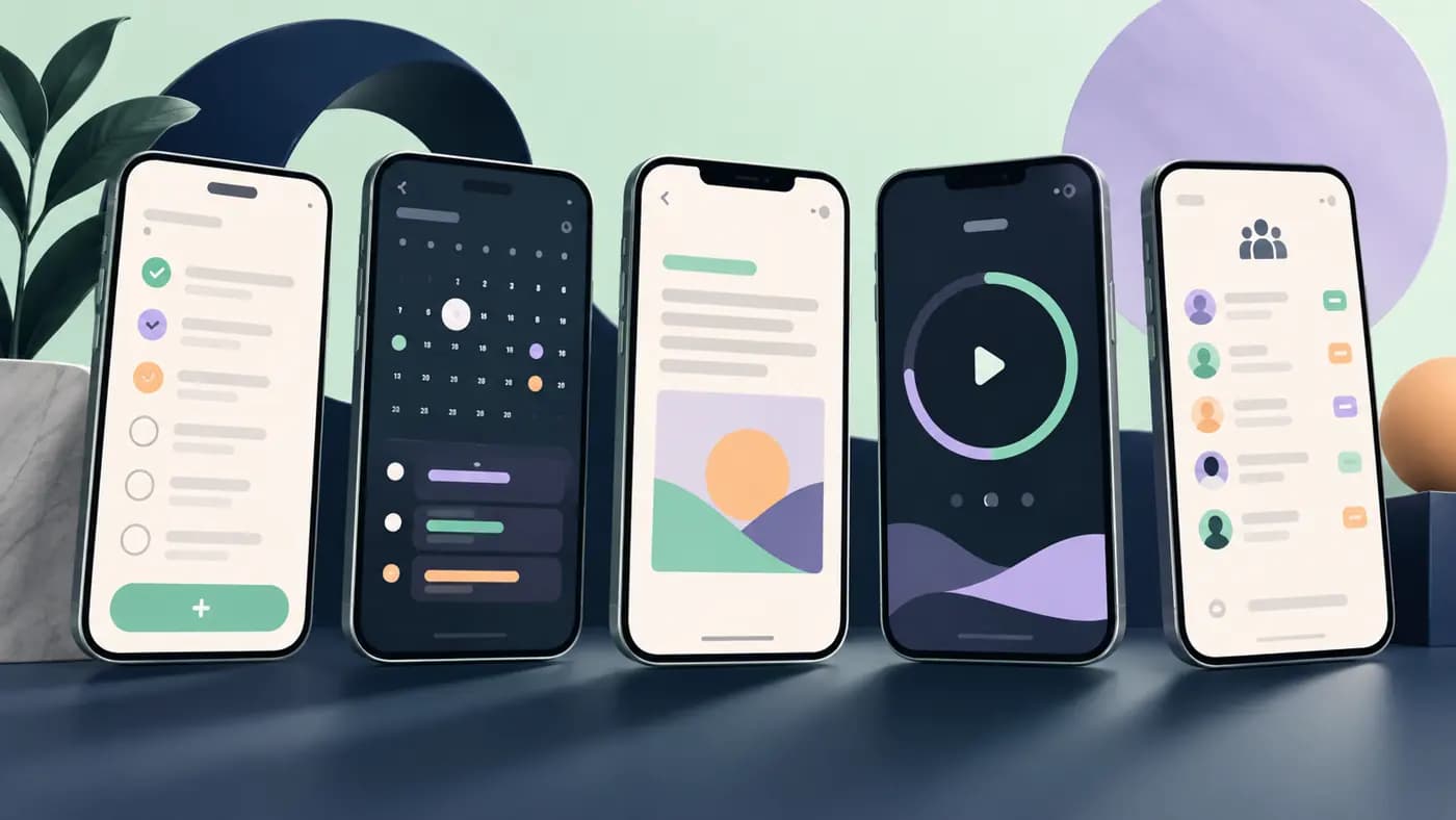 Illustration of five productivity app interfaces: tasks, calendar, notes, focus, and team.
