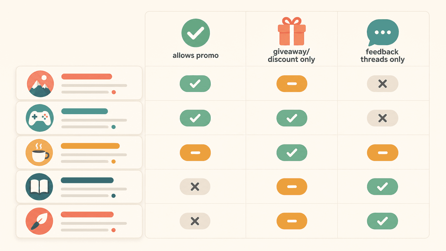 Matrix of which subreddits allow indie iOS app promotion and on what terms