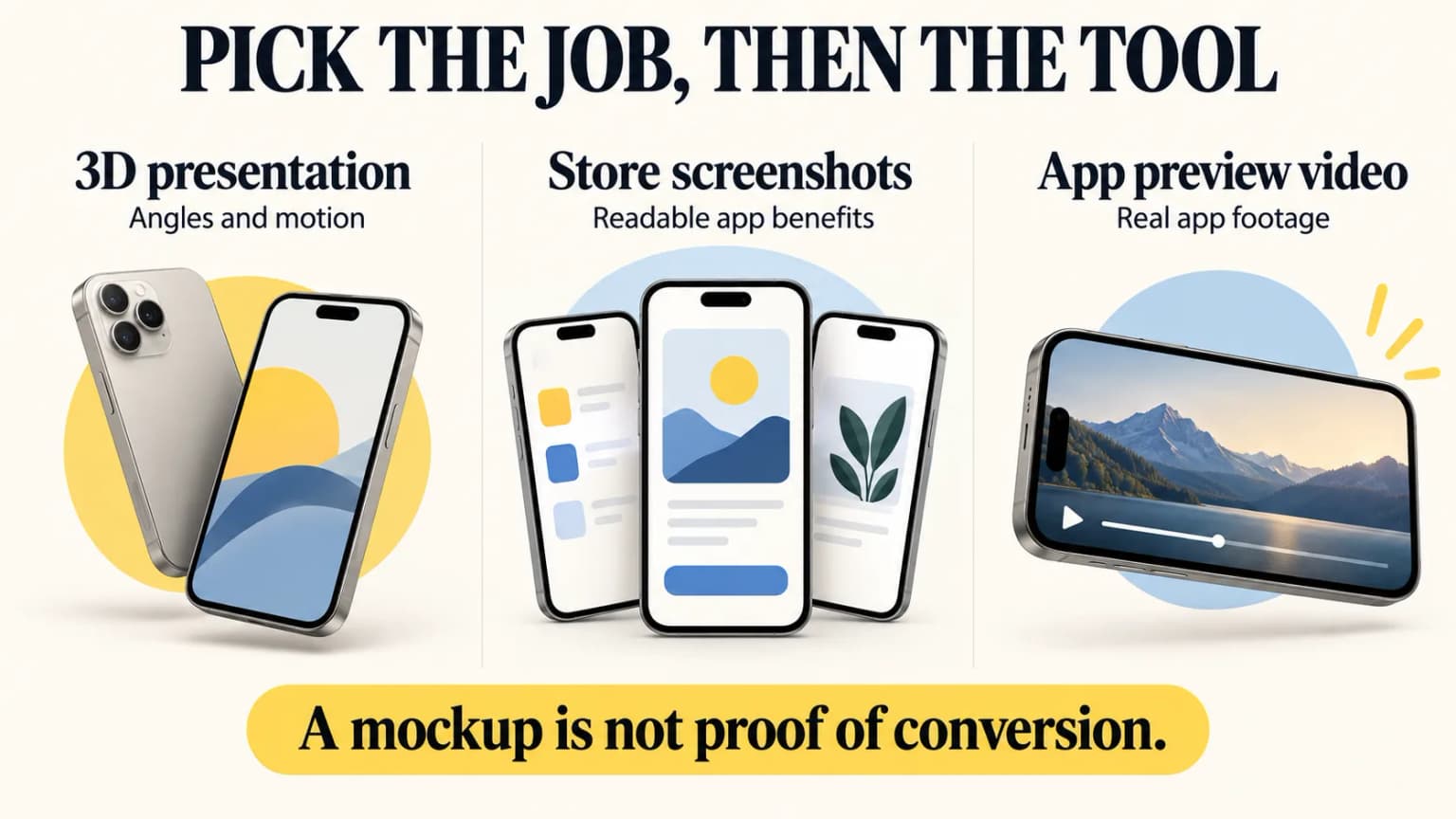 Infographic: choose 3D product presentation, store screenshot design, or App Preview video by the job.