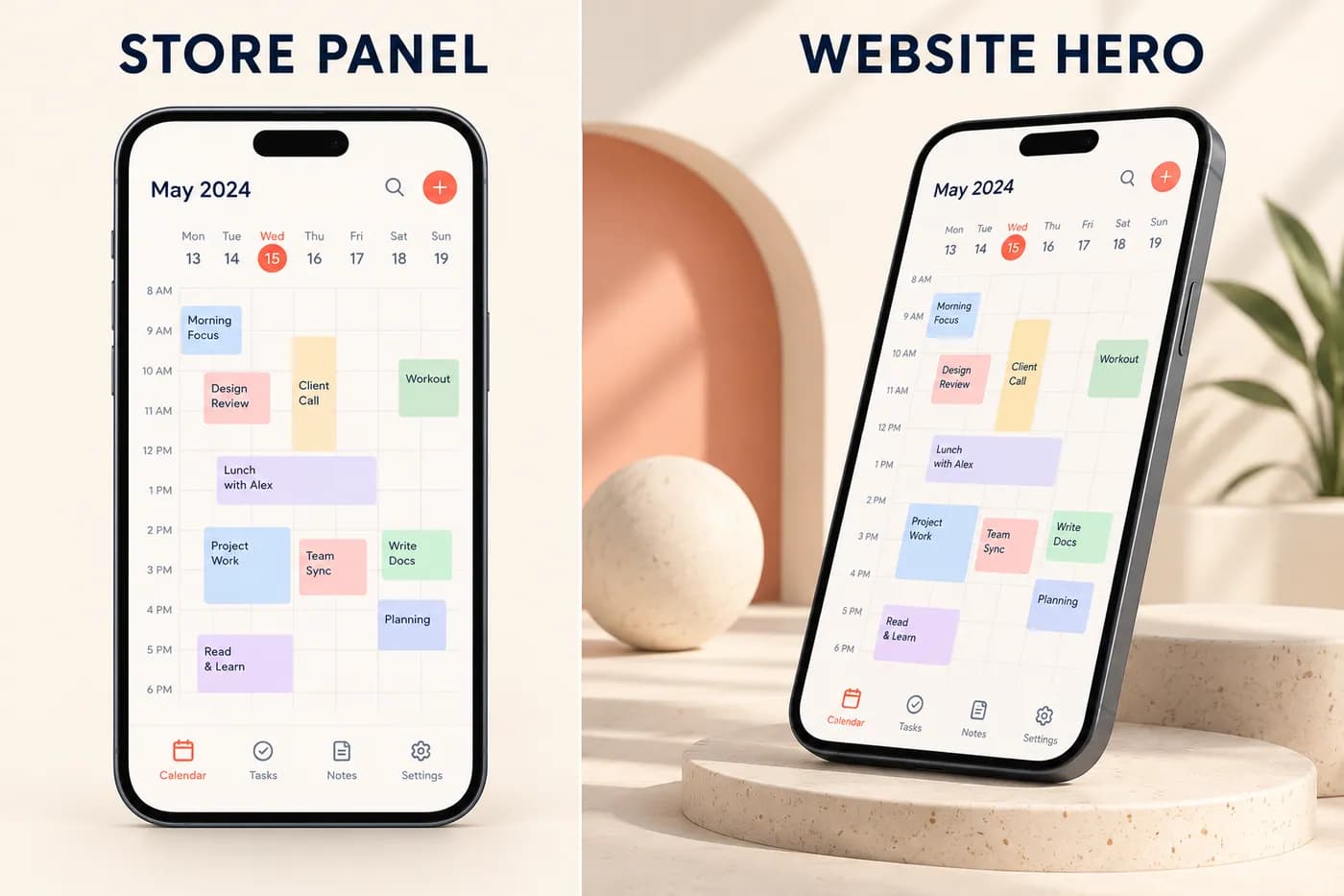 The same fictional calendar screen appears as a readable store panel and an angled website-hero concept.