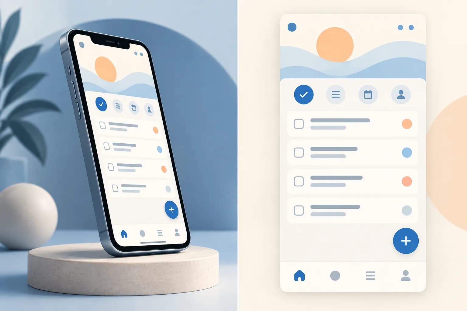 The same fictional task app shown as a tilted 3D device scene and a flat, clearer screenshot card.