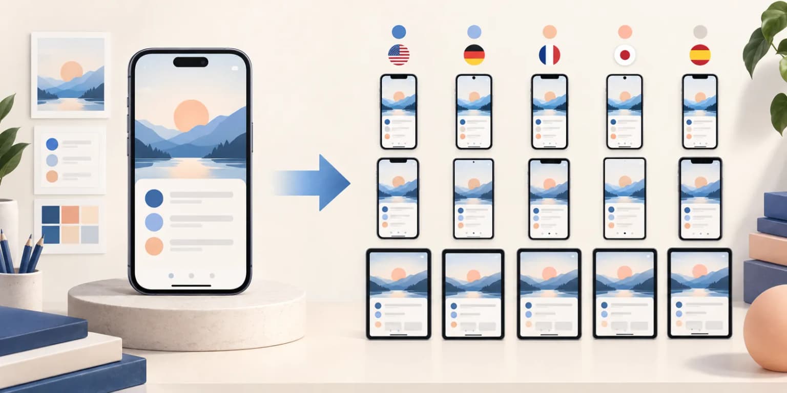 Illustrative expansion from one visual concept into multiple device and language screenshot exports.