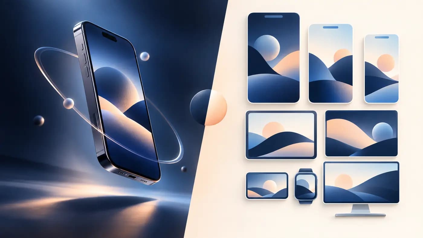 Illustration contrasting a 3D device scene with a multi-size screenshot set.