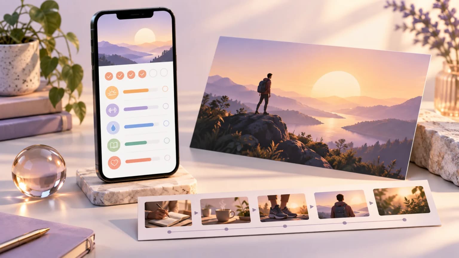 Conceptual habit app launch kit with store panels and promotional graphics