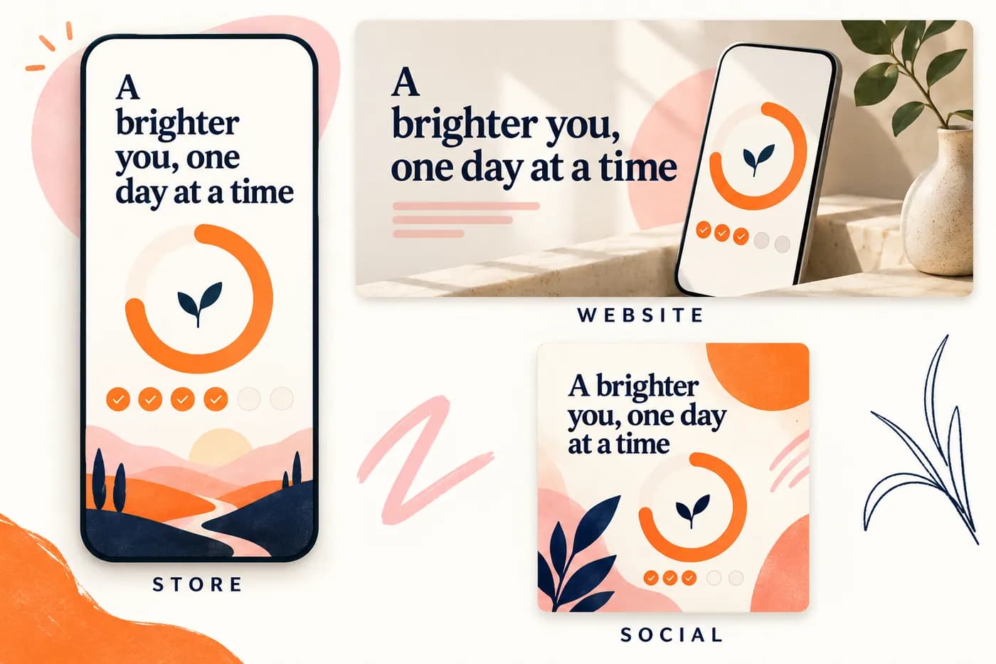 One fictional habit-app capture is recomposed for a store panel, website hero and social card.