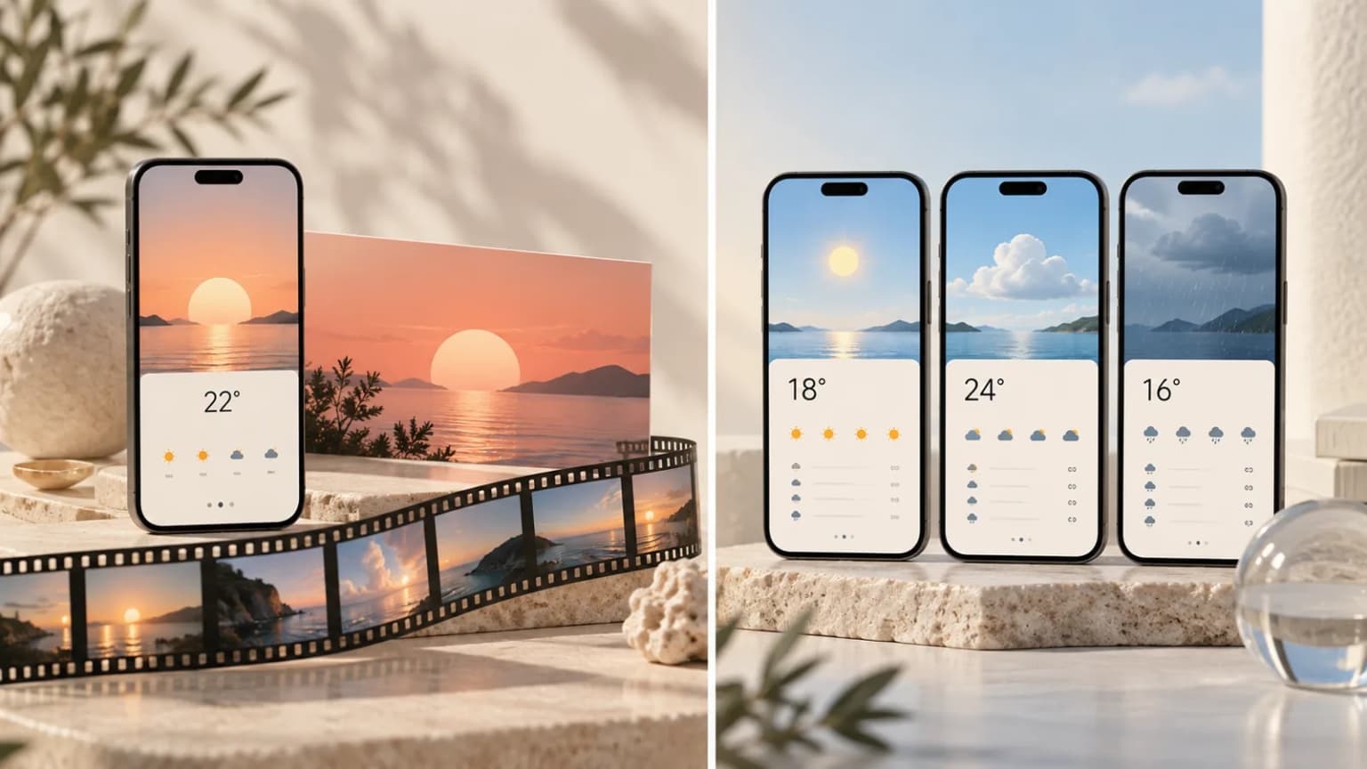 Conceptual split between promotional launch graphics and a coordinated store screenshot sequence
