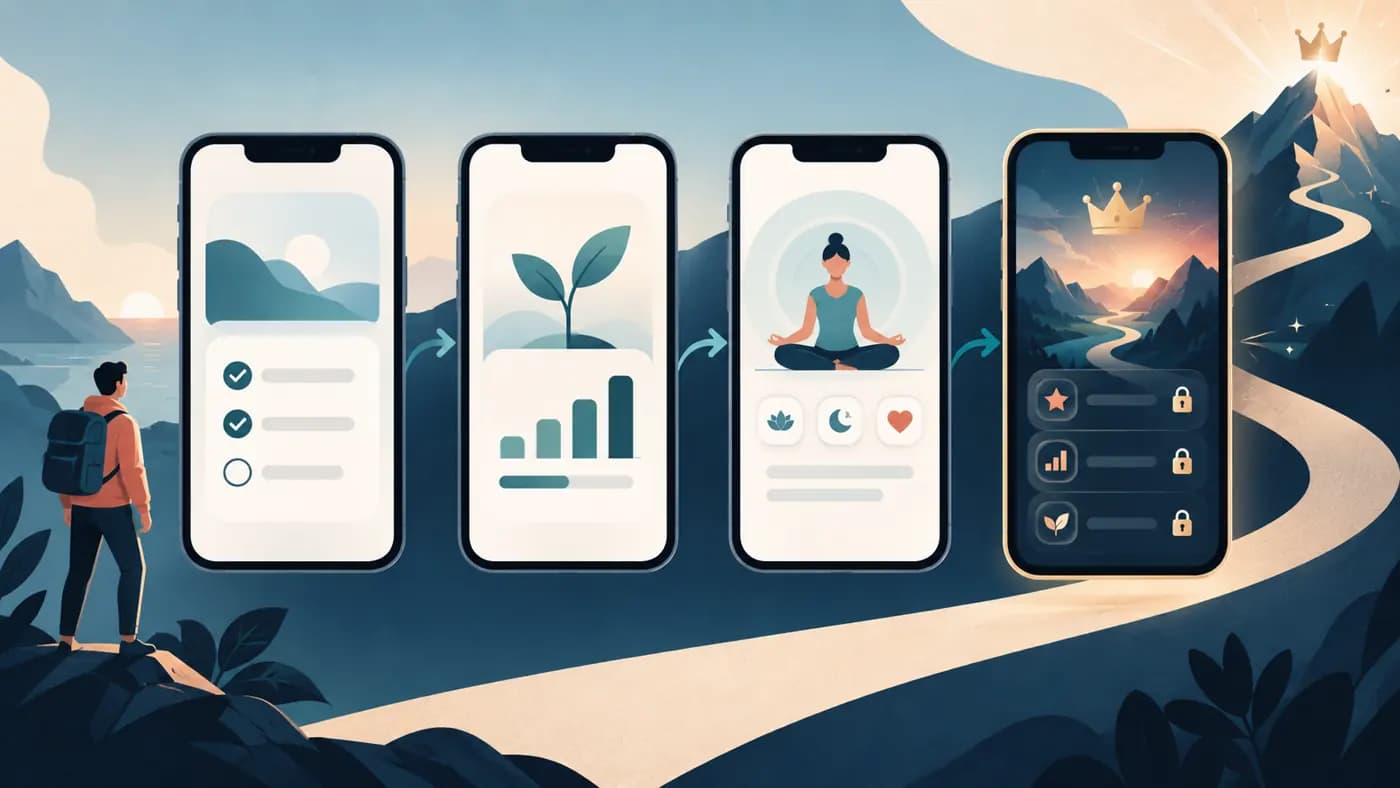 Illustration of free app value leading to a visibly locked premium feature.
