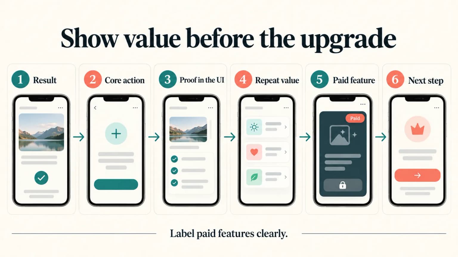 Six-frame subscription app screenshot sequence with clear paid-feature labeling.