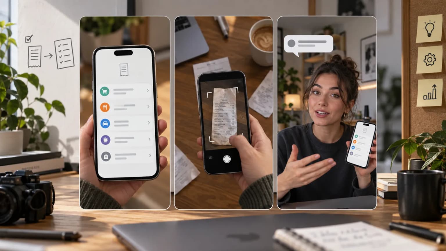 Three fictional creator-video concepts for a receipt-scanning app: result, capture, and question response.