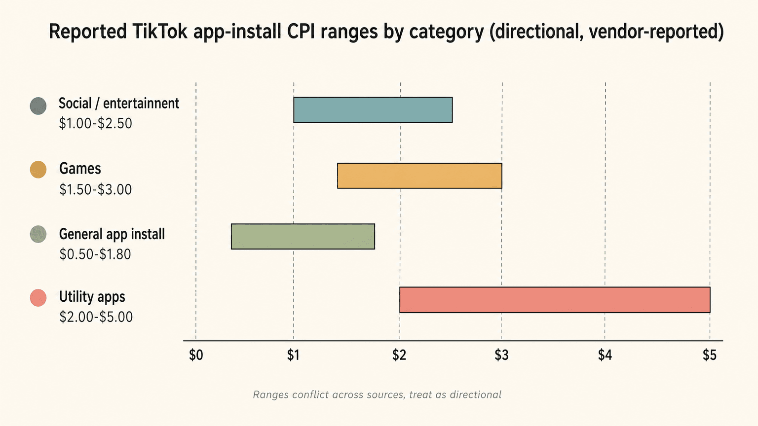 Bar chart of TikTok app-install CPI ranges by category