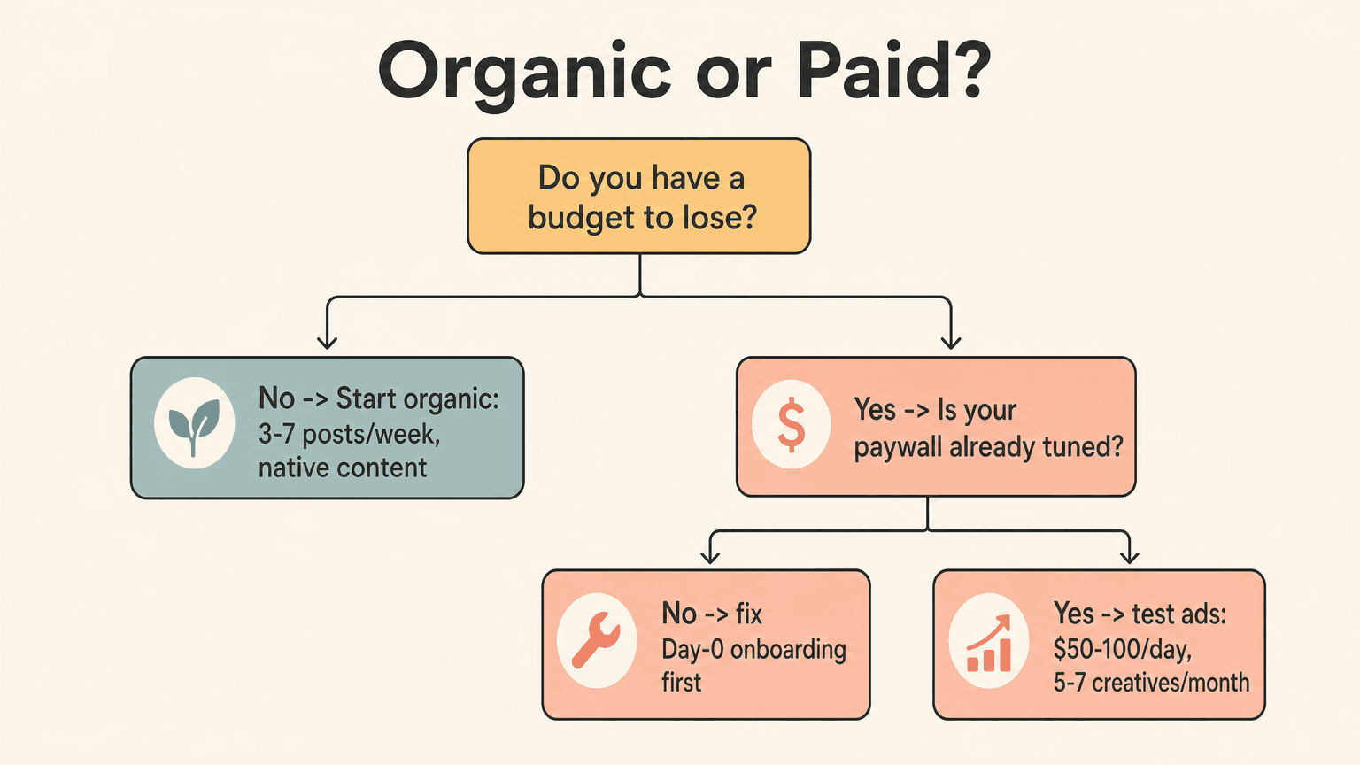 Decision diagram for an indie dev choosing organic vs paid TikTok