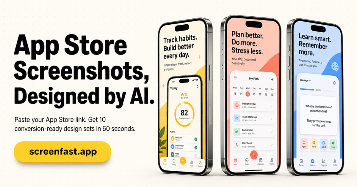 Fast Screen Shot App ScreenFast — App Store Screenshot Generator (AI, 10 Designs)
