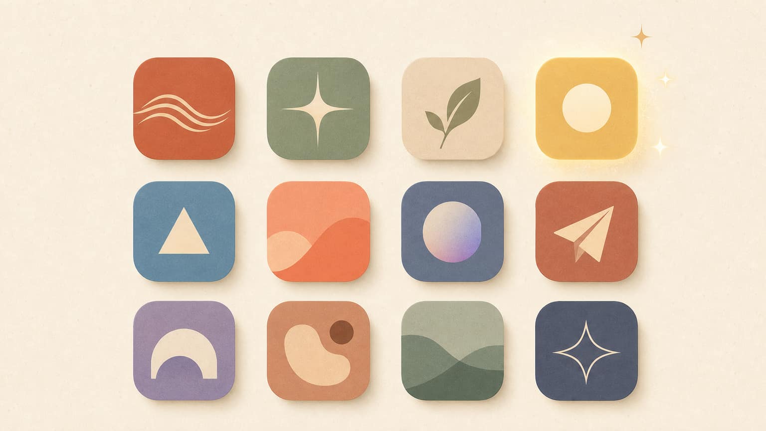 A grid of abstract iOS app icon tiles with an AI sparkle