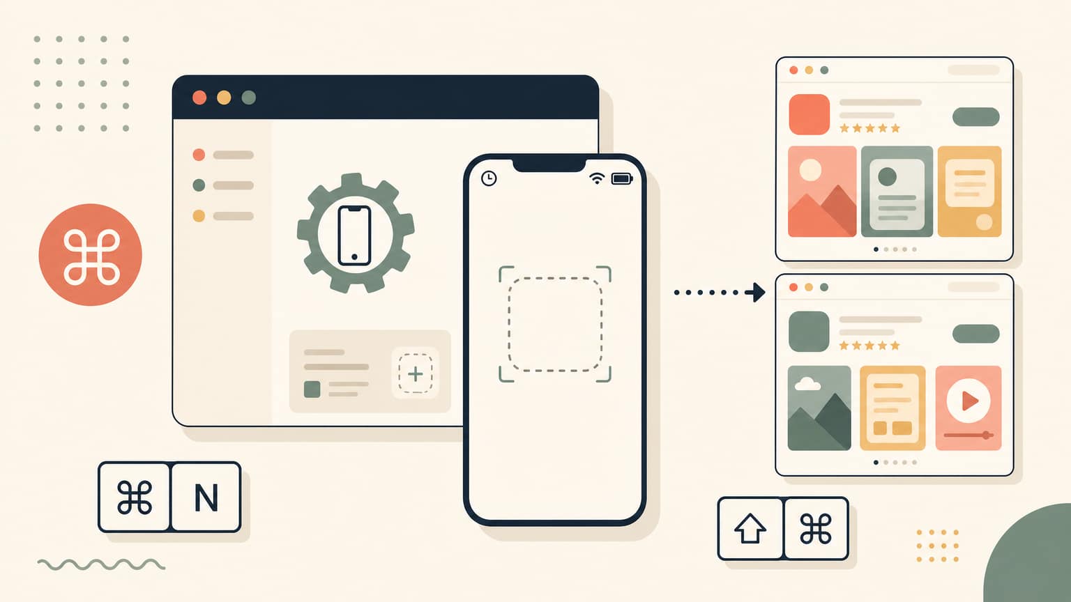 Editorial illustration of capturing App Store screenshots in the iOS Simulator