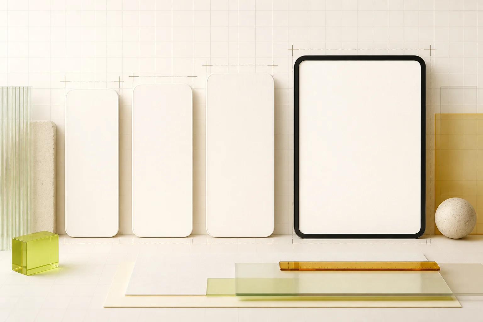 iPhone and iPad App Store screenshot canvases arranged beside measurement guides
