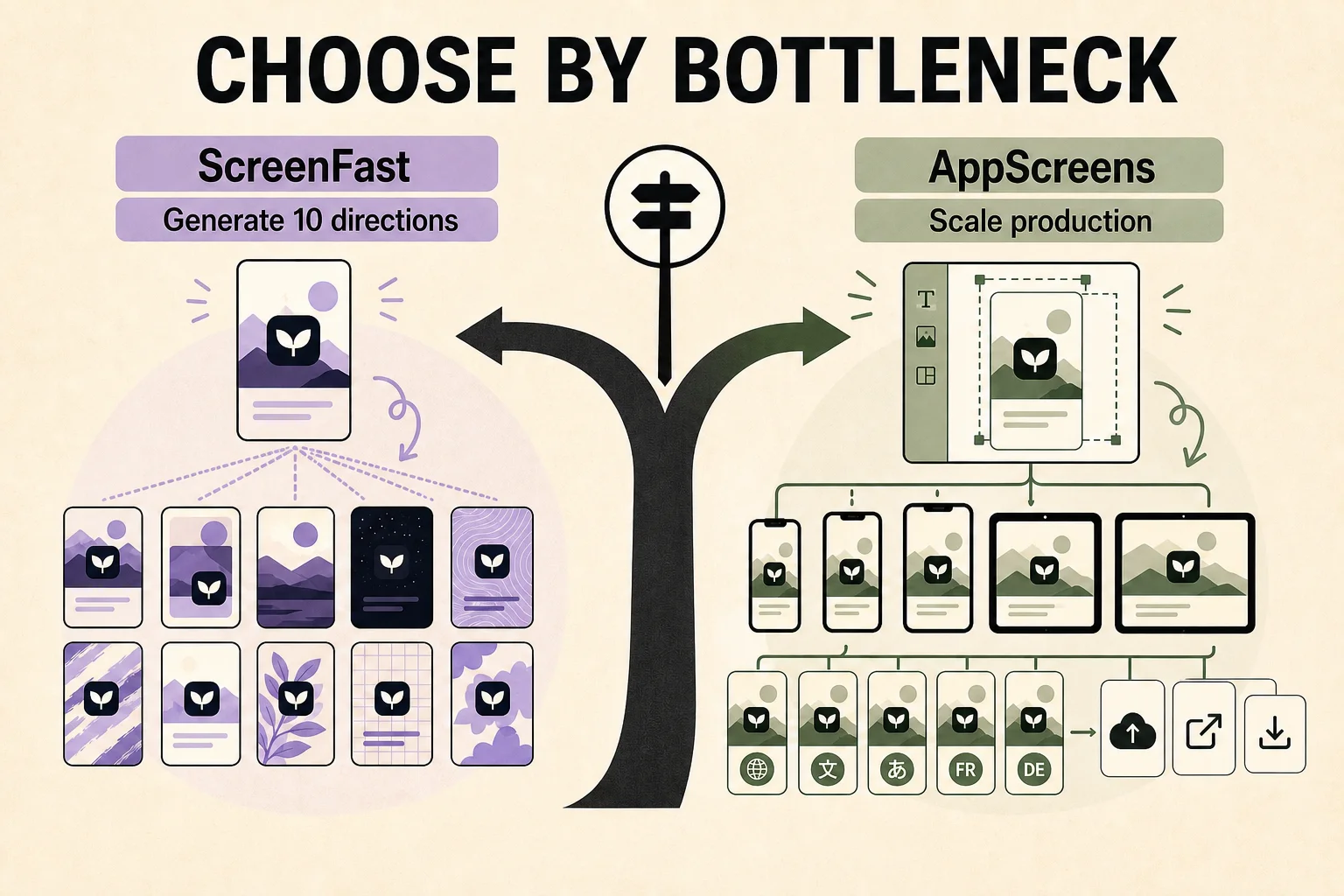 Decision infographic: choose ScreenFast to generate multiple creative directions or AppScreens to scale an established design across devices and languages